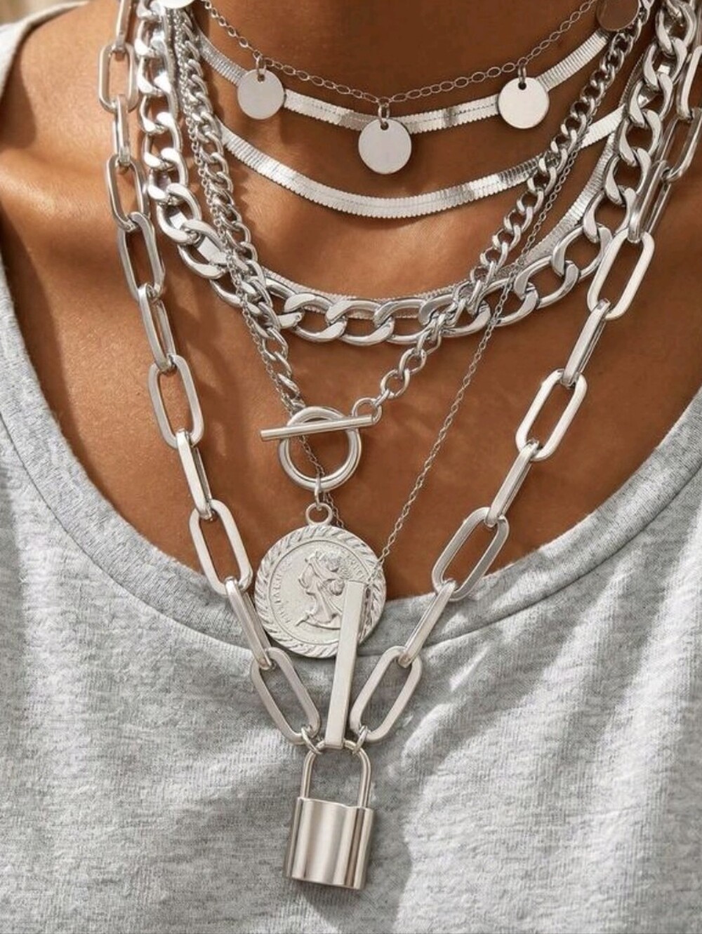 Silver Layered Lock & Coin Pendant Necklace - Women Jewelry
